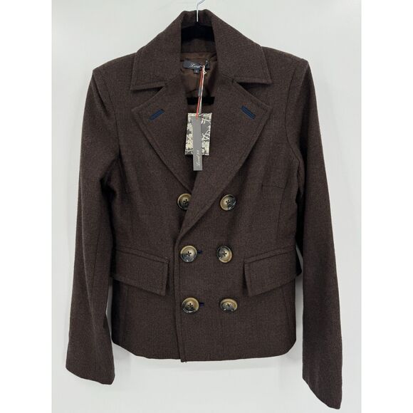NWT LEVEL 99 Brown 100% Wool Double Breasted Peacoat Blazer Size S - Picture 1 of 8